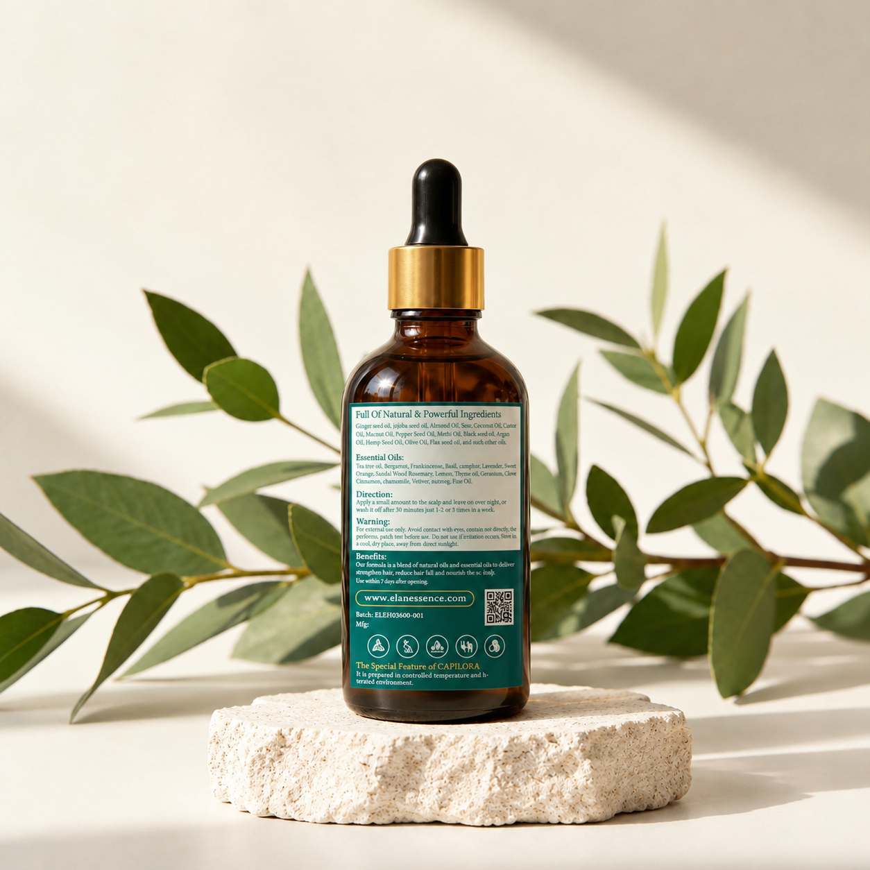 botanical hair oil on stone pedestal botanical hair oil on stone pedestal
